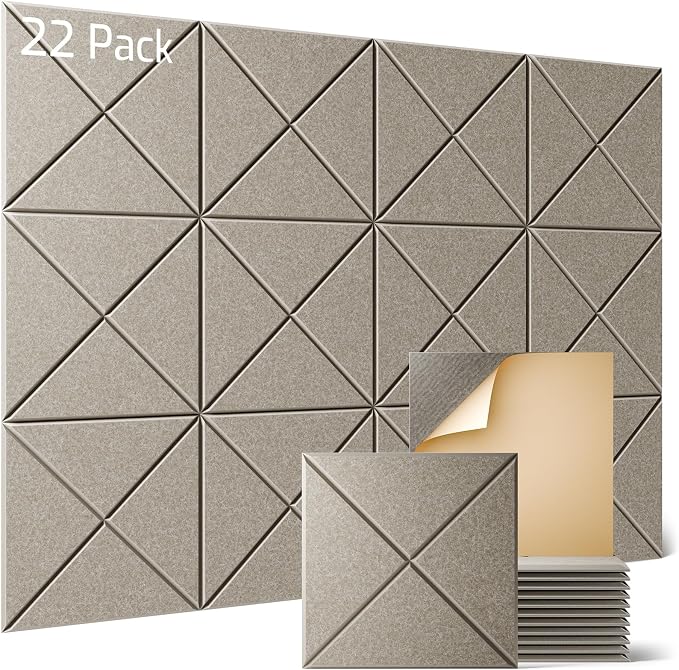 Sonicism 22 Pack X-Lined Acoustic Panels with Self-Adhesive, 12"X 12"X 0.4" Sound Proof Foam Panels, Decorative Soundproof Wall Panels, Sound Absorbing Tile for Home & Offices, Camel by Sonicism