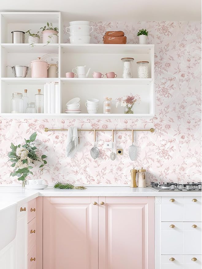 Dimoon Peel and Stick Wallpaper Pink Floral Contact Paper Pink Vintage French Renter Friendly Wallpaper 17.3''x236'' Textured Stick on Wall Paper for Bathroom Bedroom Cabinets Removable Vinyl Roll - Image 5