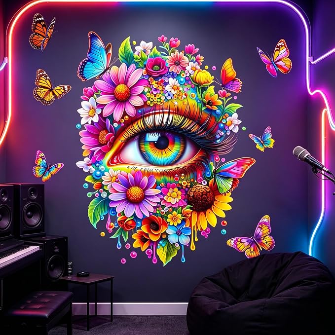 Floral Flower Eye Wall Decals, Trippy Boho Butterfly Wall Stickers | Aesthetic indie flowers butterfly peel and stick wall decor, removable vinyl wall art mural for bedroom living room by VePret