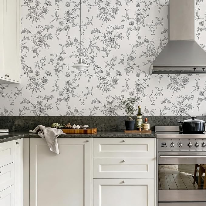 Ismoon Peel and Stick Wallpaper Floral Vintage Stick on Wall Paper Black and White Contact Paper for Cabinet French Textured Removable Self Adhesive Wallpaper Vinyl for Bedroom Wall Deco 17.3 x 78.7in - Image 3