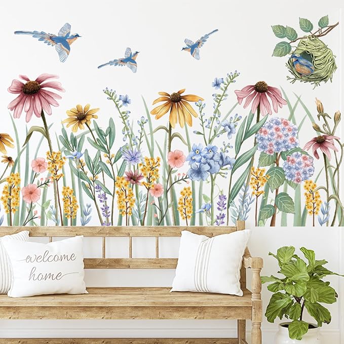 Wildflower Grass Daisy Wall Decals, Garden Floral Birds Flower Wall Stickers, Self-Adhesive Vinyl Wall Art Stickers for Girls Bedroom Living Room Nursery Decor - Image 5