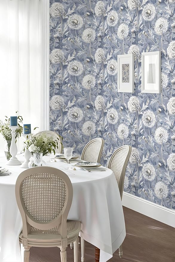Jeweluck Blue Floral Peel and Stick Wallpaper Dandelion 16.9" x 118.1" | Vintage Blue Contact Paper Peel and Stick Dandelion Boho Self Adhesive Removable Wallpaper for Bathroom Cabinets Decorative - Image 2