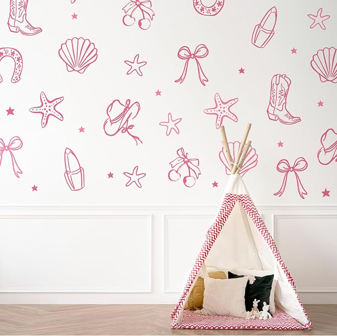 Seaside Cowgirl Wall Decals, Peel and Stick Under the Sea Coastal Cowgirl Mural, Western Beach Wall Stickers for Kids, Boys and Girls Room & Nursery Decor ((Pink Cowgirl Bow Wall Decals) - Image 7
