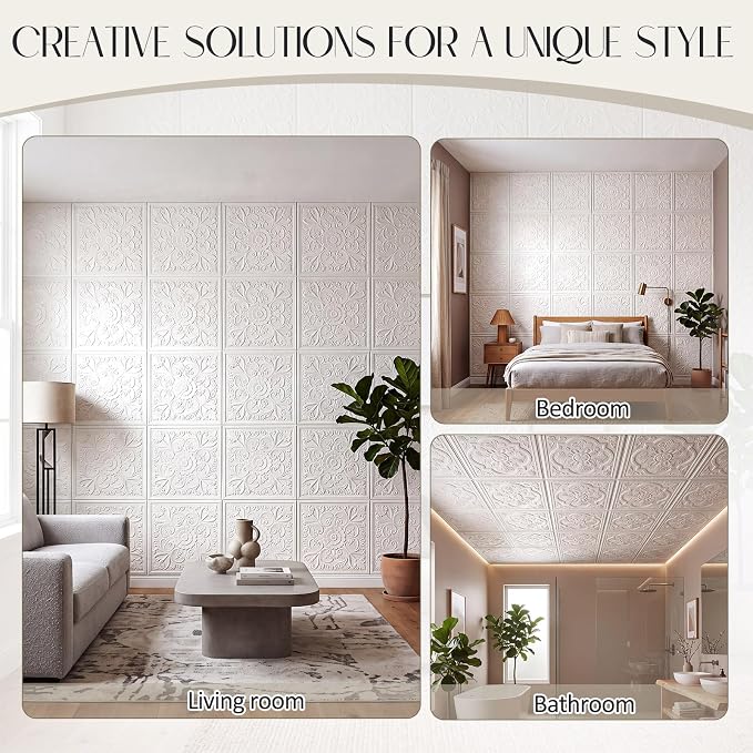 Nuanchu 80 Pcs 13.8 x 13.8 Inch Ceiling Tiles Peel and Stick, Exquisite | Foam White 3D Wall Panels 26-105.5 Sq. ft Adhesive Glue up Waterproof Wallpaper for DIY Office Home - Image 6