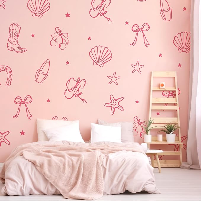 Seaside Cowgirl Wall Decals, Peel and Stick Under the Sea Coastal Cowgirl Mural, Western Beach Wall Stickers for Kids, Boys and Girls Room & Nursery Decor ((Pink Cowgirl Bow Wall Decals) - Image 3