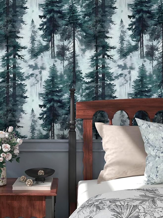 HAOKHOME Forest Peel and Stick Wallpaper Misty Blue Mural Contact Paper | Textured Removable Tree Landscape Mountain Botanical Nature Wall Paper Waterproof Blue Green Bathroom Bedroom 17.3in x 9.8ft - Image 6