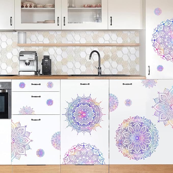 Kazova Large Mandala Wall Decals 20 Pcs Purple Wall Stickers for Living Room Lotus Flower Vinyl Decal Peel and Stick Half Mandala Art Murals for Bedroom Headboard Yoga Room Office Decor - Image 5
