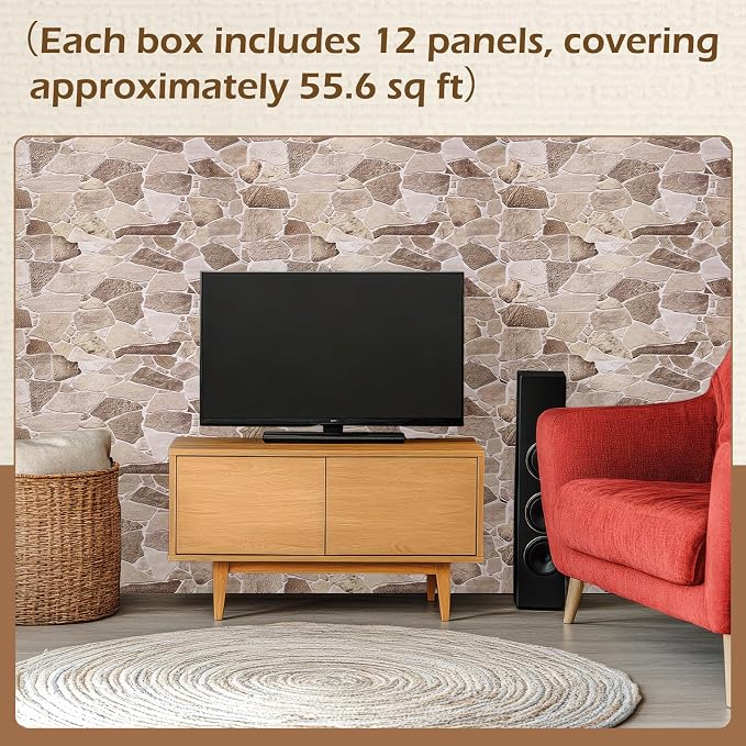 3D Faux Stone Wall Panels 12 Pack Covers 55.6 Sq ft, 38.6" x 18.9" | Peel and Stick, Lightweight PVC Wall Tiles for Interior Accent Walls Living Room TV Background Fireplace Surround(5.16m2) - Image 7