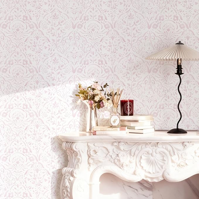 Dimoon Boho Peel and Stick Wallpaper Soft Pink Floral Contact Paper French Flower Wall Paper 78.7''x17.3'' Textured Self Adhesive Watercolor Damask Stick On Wallpaper for Bedroom Bathroom Decor Vinyl by DIYYOURMOON