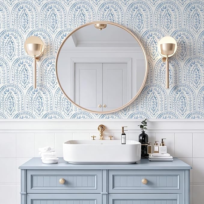Peel and Stick Wallpaper Modern Wall Paper Boho Contact Paper Removable Wallpaper Peel and Stick Blue and White Self-Adhesive for Bathroom Bedroom Kitchen Wall Decor 17.3" x 118" - Image 3
