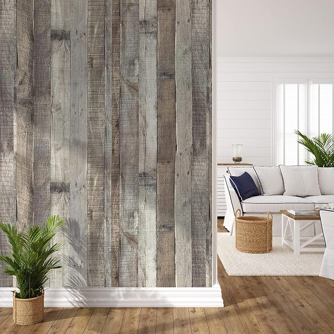 Wood Wallpaper Peel and Stick Faux Distressed Plank Self Adhesive Reclaimed Look Wall Decorative Vinyl Film Shelf Cover Thicker,17.3" × 472.4" - Image 9