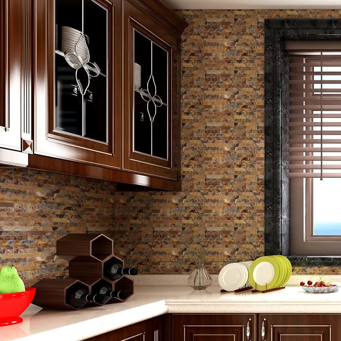 Yipscazo Peel and Stick Stone Metal Backsplash, Stick on Tiles for Backsplash Kitchen (Brown Stone Rock, 20-Pack) - Image 3