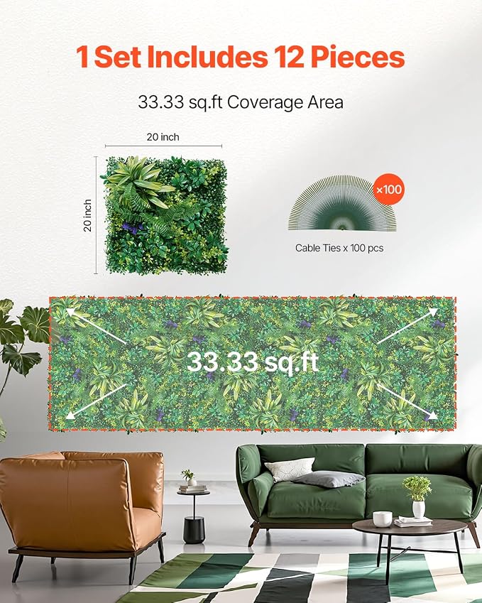 VEVOR Artificial Grass Wall Panels, 12 PCS 20 x 20 inch, 3D Combination Greenery Boxwood Panel for Indoor Outdoor Green Decor & Ivy Fence Covering, Privacy Backdrop Wall Hedge Screen for Garden - Image 6
