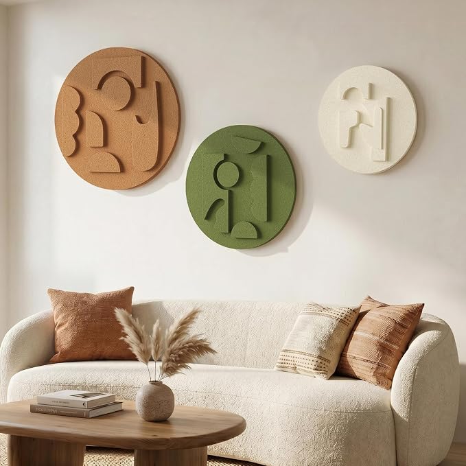 3D Textured Round Modern Abstract Boho Wall Art for Living Room, 3 Piece | Minimalist Bohemian Geometric Sculptures Artwork for Walls, White Terracotta Green Paintings, Bedroom Home Office Wall Decor - Image 2