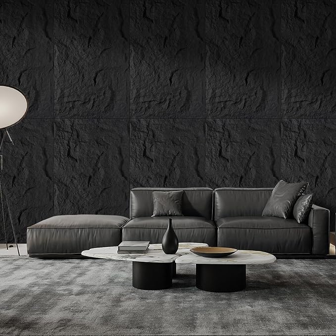 4Pcs Faux Stone Wall Panel 43.3''x23.6'',Lava Stone Design, Black | PU Stone Wall Panel for Interior Wall Decor, Bedroom, Living Room, Office - Image 3