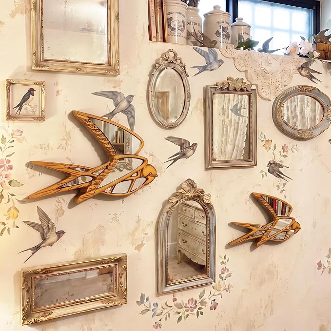 Fumete 2 Pcs Wild Goose Mirror Wall Decor Vintage Gold Resin Insect Art Decorative Wall Mirror Retro Hanging Bug Animal Glass Mirrors Garden Nature Gift for Summer Wedding Home Accent Housewarming - Image 5