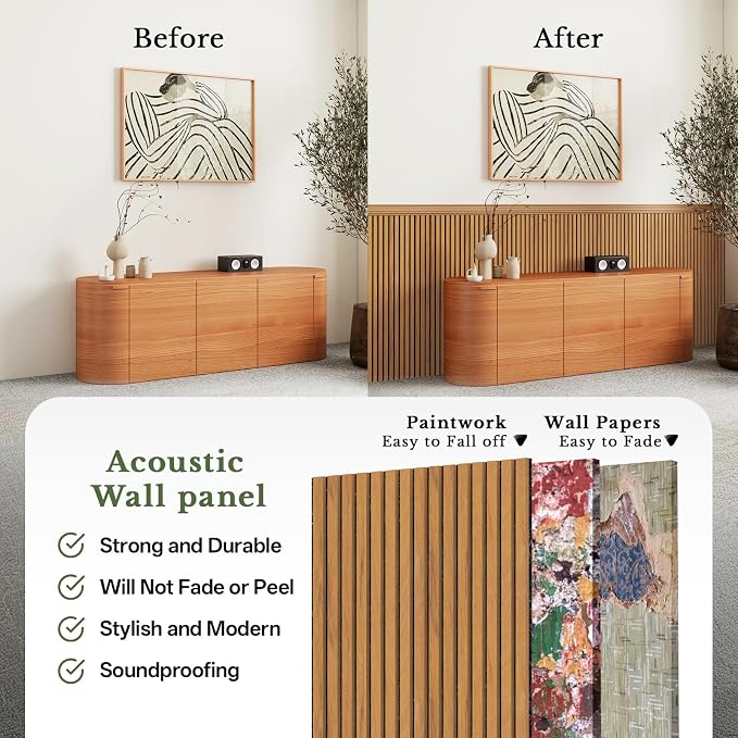MISSDAY Wood Slat Acoustic Wall Panels, 4 Packs 47.2" x 23.6" Teak Soundproof Panel For Interior Wall Decor Noise Absorbing-3D Textured Wooden Panel Sound-Absorbing for Home, Office, Studio - Image 4