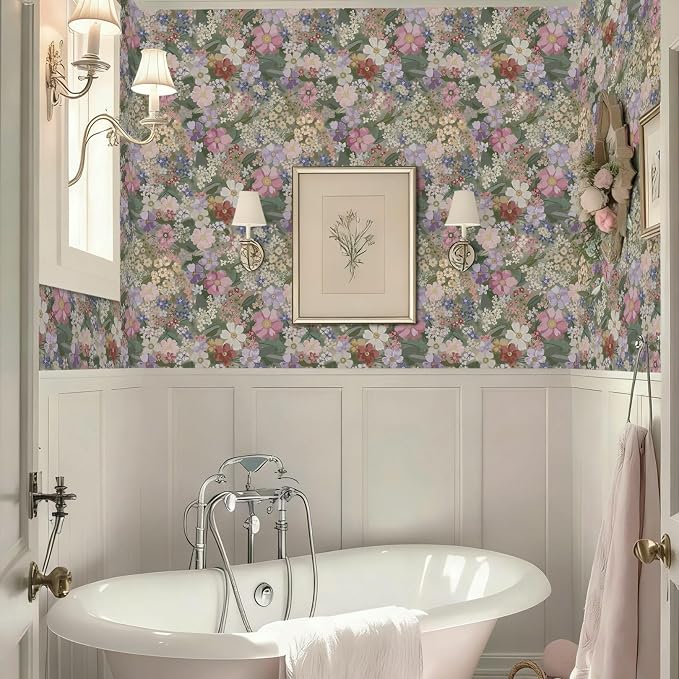 Ismoon Floral Peel and Stick Wallpaper Vintage Wallpaper 17.3in x 16.4ft Pink/Green Floral Wall Paper Boho Waterproof Removable Self-Adhesive Wall Paper for Nursery Bedroom Shlef Cabinet Décor - Image 7
