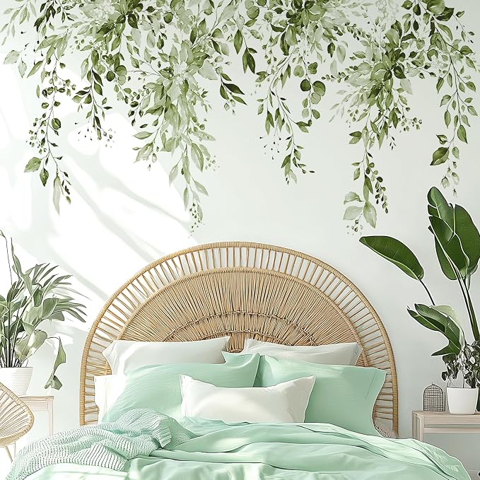 Olive Green Plants Leaves Wall Decals Peel and Stick, Large Floral Flowers Vinyl Wall Stickers, Removable Vine Home Decor Art for Bedroom Living Room Classroom Office - Image 4