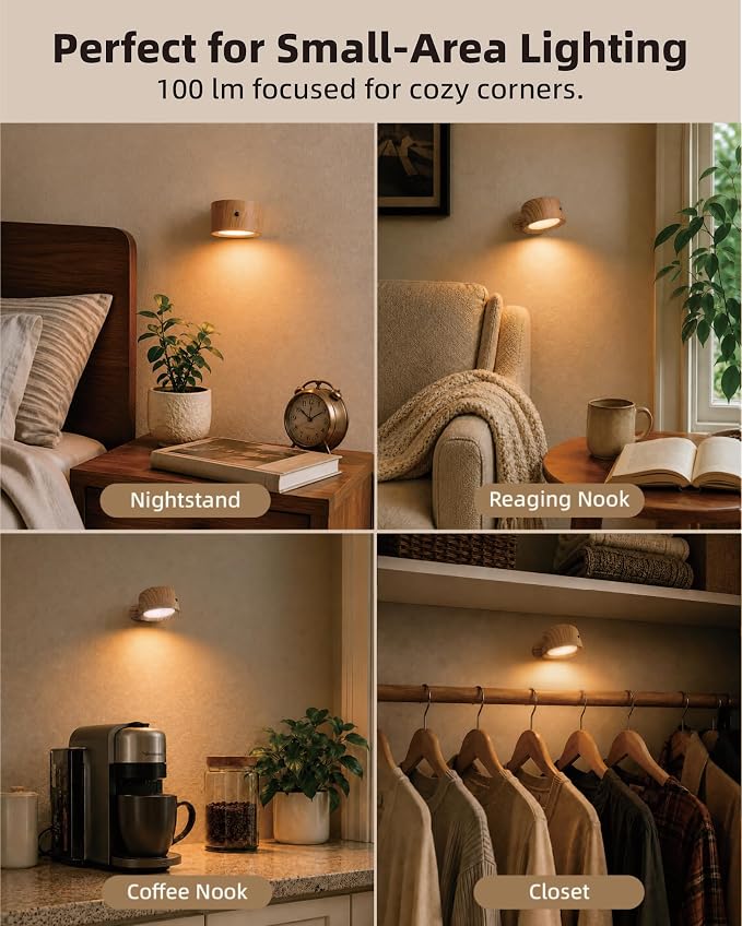 Rechargeable Wall Sconces with Remote, Magnetic Wall Lights, Wood 1 Pack | 3 Color Temperatures, Remote and Touch Control, 360° Rotating and Dimmable for Living Room & Bedroom - Image 5