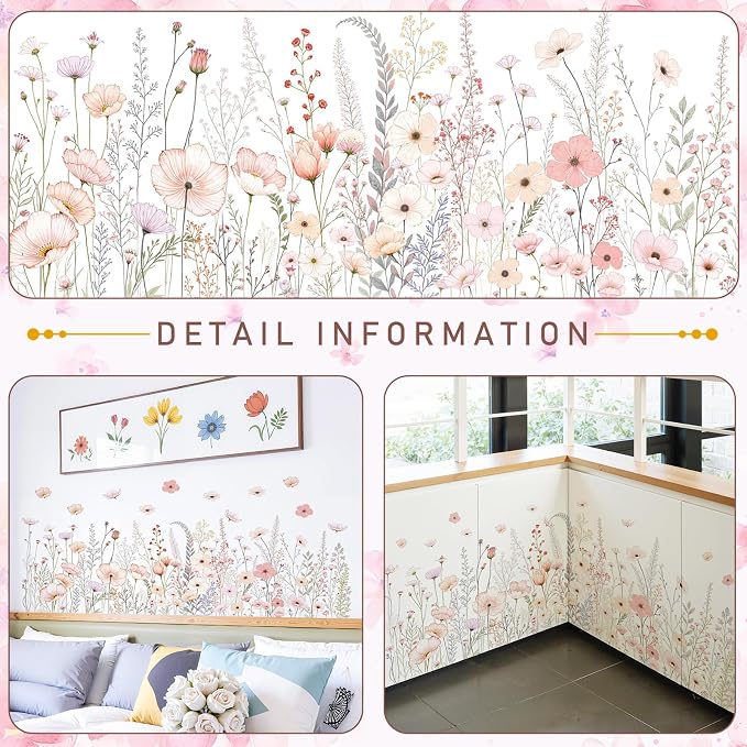 2 Pack Floral Baseboard Wall Stickers - Removable Peel & Stick Decals (3 Styles: Reeds, Flowers, Dandelions) - DIY Home Decor for Kids Girls Walls, Nursery, Classroom Wall Corner (Flower) - Image 7