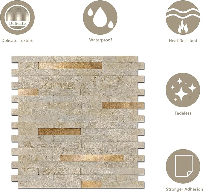 KASARO Peel and Stick Marble Backsplash Tile, 10 Sheets, Marble Stone Beige with Vintage Golden Stripes, Self-Adhesive Wall Tile for Kitchen, Bathroom, Fireplace, RV (11.7” x 12.1”) - Image 6