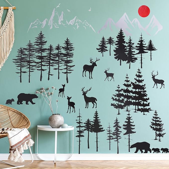 Outus 3 Sheets Mountain Forest Bear Wall Decals Stickers Pine Tree Wall Decals Trees Wall Stickers Deer Forest Decals for Kids Nursery Bedroom Living Room Decor,11.8 x 35.4 Inches - Image 2