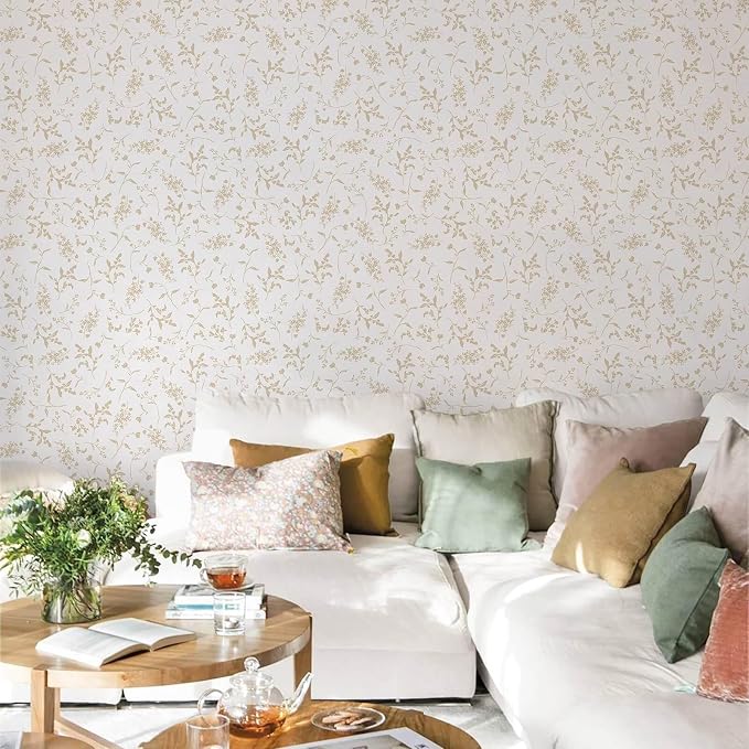 Ismoon Floral Wallpaper Peel and Stick Beige Neutral Contact Paper Wildflowers Leaf Stick on Wall Paper Textured Removable Self Adhesive Vinyl Wallpaper for Bedroom Bahtroom Wall Decor 17.3x196in - Image 6
