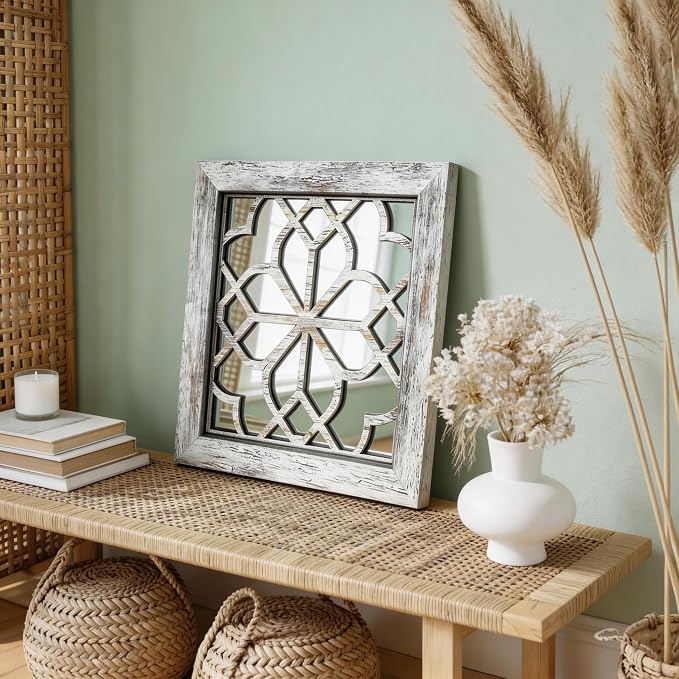 Set of 4 14 Inch Square Grey Window Pane Wall Mirrors, Shatterproof Rustic Farmhouse Boho Vintage Decorative Mirrors for Living Room Bedroom Bathroom Entryway - Image 3