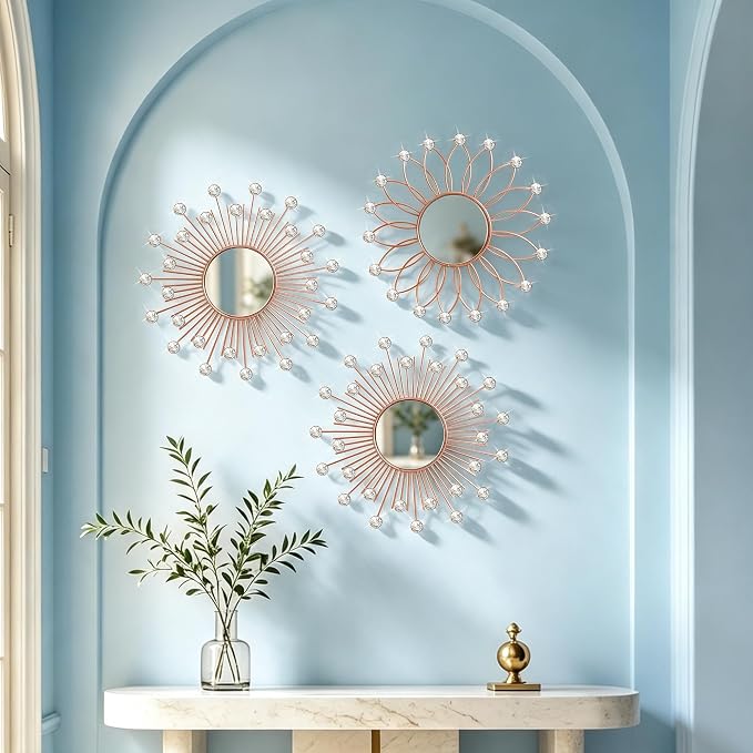 3 Pack Metal Mirrors for Wall Sunburst Wall Mirrors Home Décor Decorative Hanging Wall Art for Living Room Bedroom Entryway (Rose Gold2 Crystal, Flower+Sunburst) - Image 5