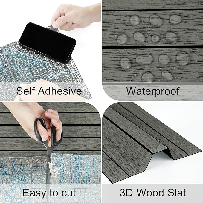 3D Grey/Black Wood Slat Wall Panels PVC Peel and Stick Wood Panels | Acoustic Wall Panels Self Adhesive Removable Wood Wallpaper for Bedroom RV Interior Wall Decor Stick on Walls 11.8 x 118 in - Image 7