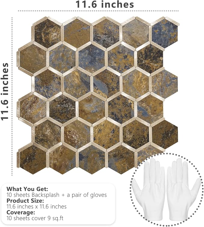 STICKGOO Hexagon Peel and Stick Backsplash Tile, Stick on Backsplash for Kitchen and Bathroom, Rust Slate Look PVC Mixed Metal Gold Self Adhesive Metal Mosaic Tiles(10 Sheets, Seamless) - Image 2