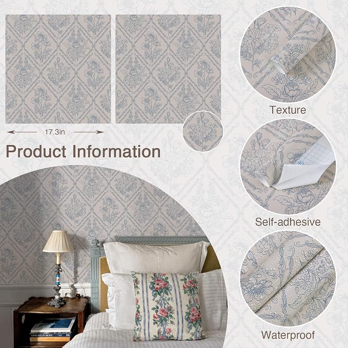 Toduso Peel and Stick Wallpaper Vintage Wall Paper Boho Contact Paper Blue Removable Wallpaper for Kitchen Bathroom Bedroom Floral Waterproof Self Adhesive Vinyl Drawer Decor 17.3"x393.7" - Image 5