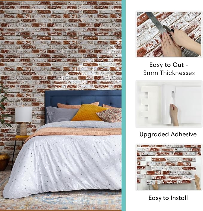Commomy Faux Brick 3D Wall Panels Peel and Stick 12 pcs of 22.8" x 11.8" | Thin & UrltraLight PVC Printable Red Brick Wall Panels for Bedroom,Living Room,TV Background (Covers 22.48 sq.ft) - Image 4