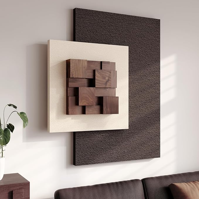 Large Wood Abstract Wall Art for Living Room, Modern 3D Artwork for Walls | Textured paintings, Big woodern layered sculpture, Neutral beige brown tone, Bedroom dining room office wall decor aesthetic - Image 3