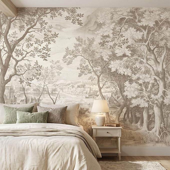 Beige Forest Peel and Stick Wallpaper Landscape Wall Mural | 137"x96", Self Adhesive Canvas, for Bedroom Living Room Bathroom, Seamless, No overlapping by LOOWAP