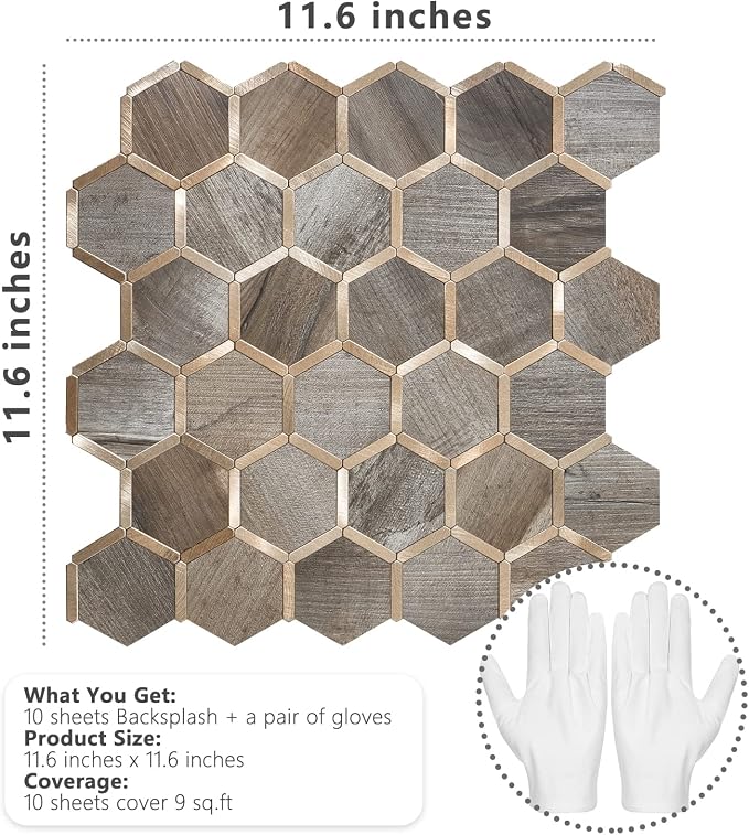 STICKGOO Hexagon Peel and Stick Backsplash Tile, Stick on Backsplash for Kitchen and Bathroom, Wood Texture PVC Mixed Metal Gold Self Adhesive Wall Tiles(10 Sheets, Seamless) - Image 2