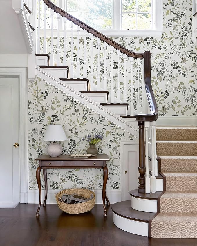 Heroad Green Leaf Wallpaper Peel and Stick Floral Contact Paper Vintage Botanical Neutral Farmhouse Wall Paper Self Adhesive Removable Wallpaper for Bathroom Bedroom Watercolor Decor 17.3''x78.7'' - Image 2