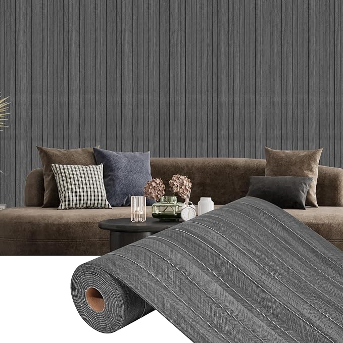 3D Faux Wood Slat Wall Panel – Peel and Stick Self Adhesive Soundproof Foam Board for Interior Wall, Ceiling, Home Theater Decor Dark Grey 15.7"x236" by Horryhaushomedecoration