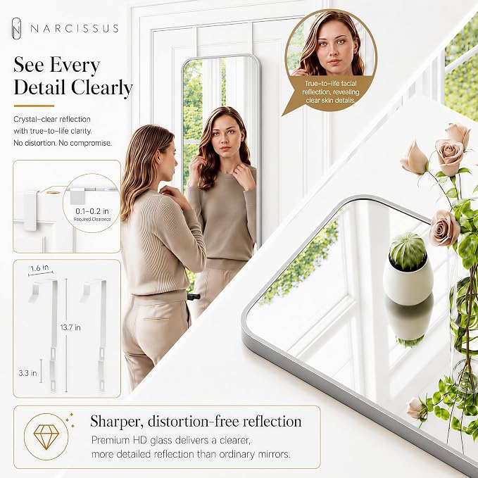 NARCISSUS Over the Door Full Length Mirror 47x14 Inch, Wall Mounted Dressing Mirror, Door Hanging Full Body Mirror HD Reflection Glass for Bedroom, Aluminum Alloy Frame Silver - Image 7