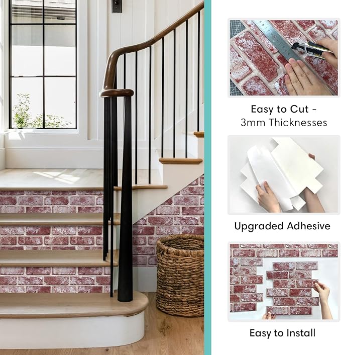 Commomy Faux Brick Wall Panels Peel and Stick Thin PVC 10 Pcs 11.8" x 11.8" | Small Size Thin PVC Quick Wall Covering Home Decor for Kitchen,Fireplace,Home Office (Covers 9.7 sq.ft) - Image 6