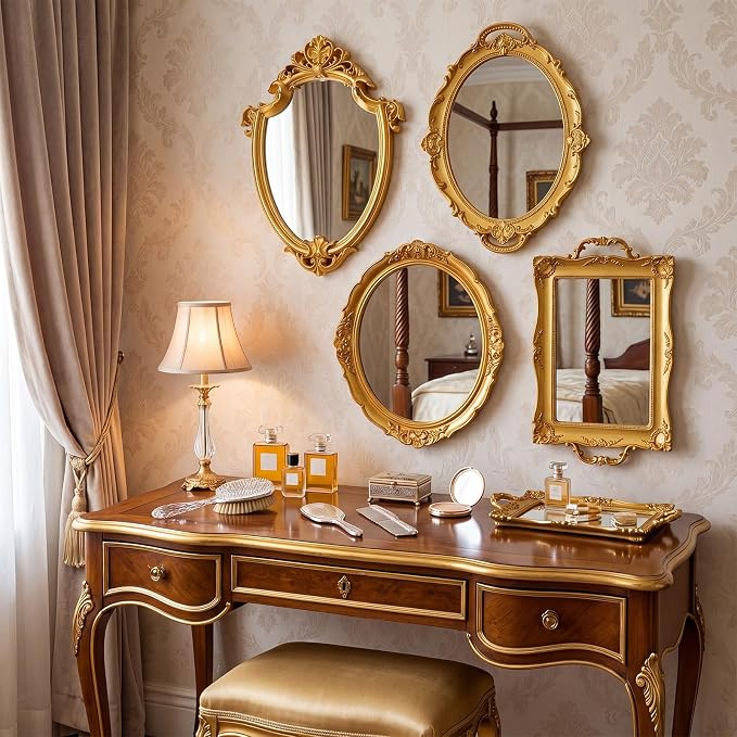 Beeveer 4 Pcs Vintage Gold Wall Mirror Set Luxury Gallery Wall Mirror Decorative Hanging Antique Decor for Living Room Entryway Wedding Bedroom Bathroom Victorian Decor (Classic,Gold) - Image 6