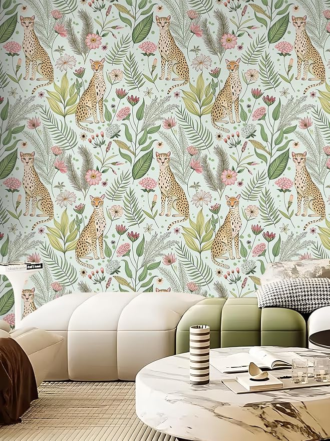 Floralplus Jungle Leopard Wallpaper Peel and Stick Wallpaper Removable Vintage Floral Wall Paper for Bathroom Renter Friendly Textured Stick On Vinyl Contact Paper Home Decor 17.5 x 393 in - Image 4
