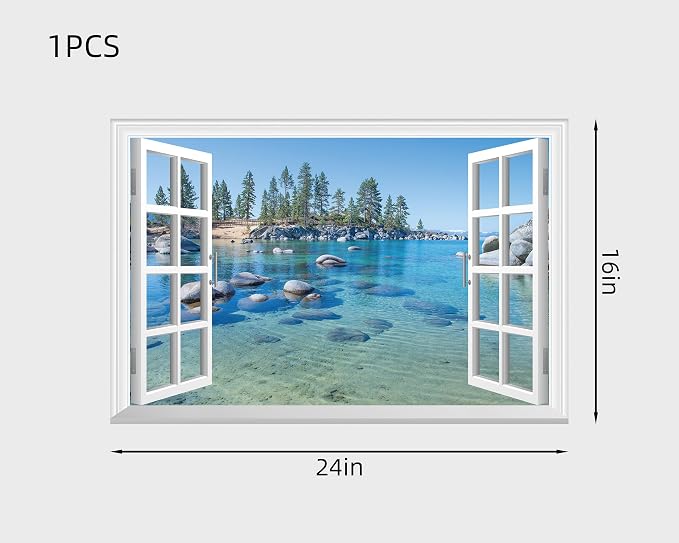 FLFK Fake Window Wall Sticker - A Clear Blue Lake Faux Window Wall Mural for Wall Decor, Stick and Peel Wall Decals,24"x16" - Image 2