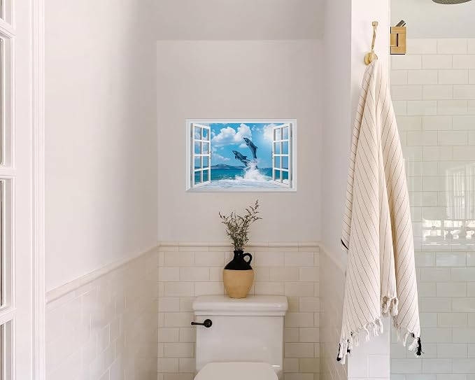 FLFK Fake Window Wall Sticker - Ocean Dolphins Faux Window Wall Mural for Wall Decor, Stick and Peel Wall Decals,24"x16" - Image 5