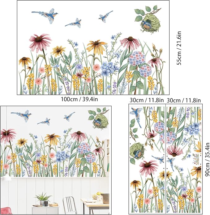 Wildflower Grass Daisy Wall Decals, Garden Floral Birds Flower Wall Stickers, Self-Adhesive Vinyl Wall Art Stickers for Girls Bedroom Living Room Nursery Decor - Image 2