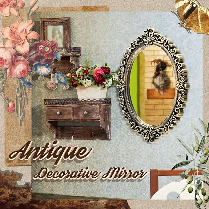 Beeveer 2 Style Vintage Mirrors Set Decorative Oval Wall Mirror Small Antique Mirrored Tray Decorative Hanging Mirror for Bathroom Bedroom Jewelry Organizer Victorian Decor (Square,Antique Gold) - Image 5