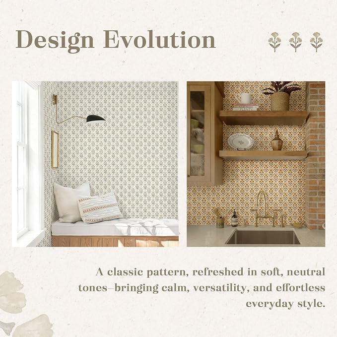 Dimoon 17.3''x393'' Peel and Stick Wallpaper Floral Beige Boho Neutral Cute Contact Paper Vintage Village Country Cottage Wallpaper Farmhouse Renter Friendly Geometry Waterproof Kitchen Bedroom - Image 4
