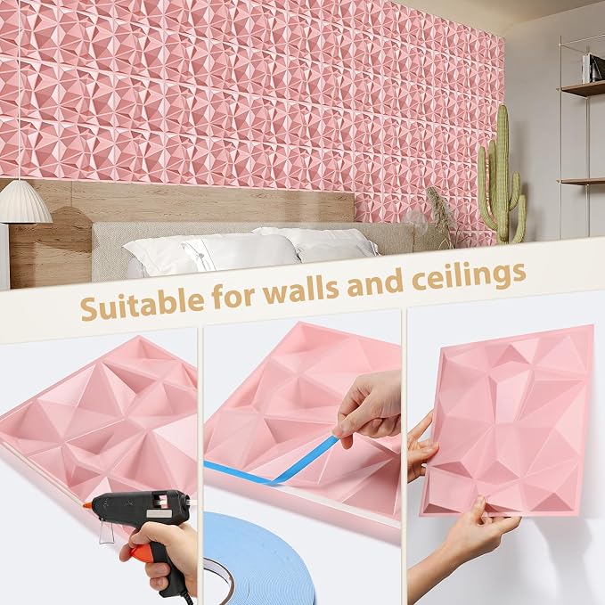 Heikki 30 Pack 3D Wall Panel for Interior Wall Décor, PVC Flower Textured Wall Panels for Living Room Bedroom Hotel Office, 11.8"x11.8", Double-Sided Tape (Pink-XLZ) - Image 3