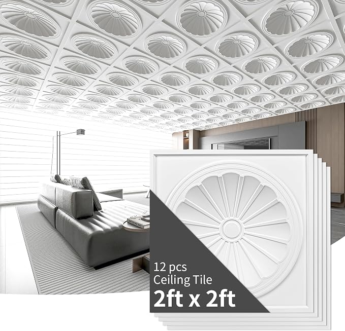 Art3dwallpanels Ceiling Tiles 12 Pack, 24 x 24 Inch, White | 3D Recessed Circle PVC Ceiling Panels, Fireproof Waterproof Light Tiles, 12 Pack 24"×24" Drop In Ceiling Decoration - Image 8